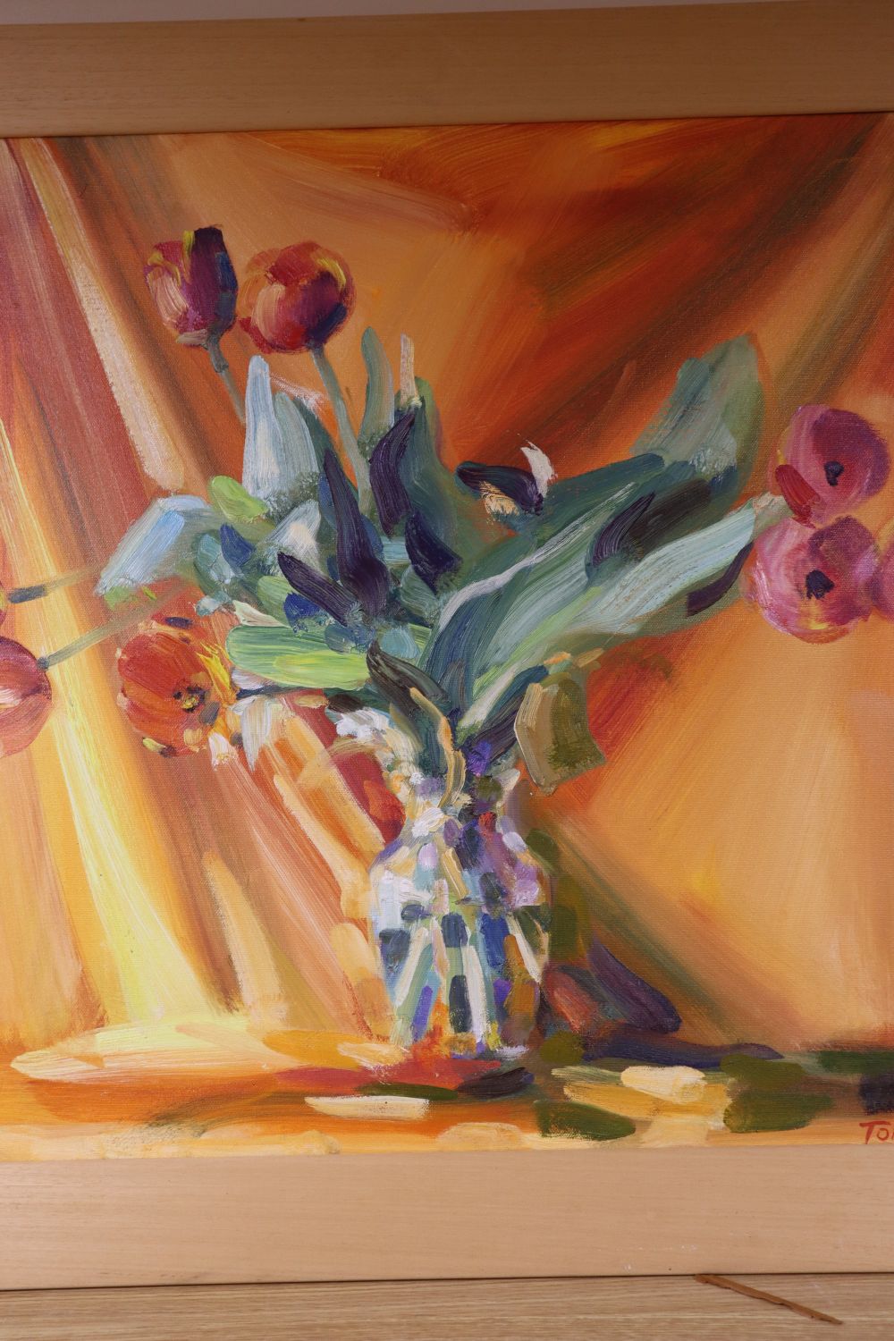 Tom Wise, oil on canvas, Still life of flowers in a glass vase, signed and dated 98, 60 x 60cm
